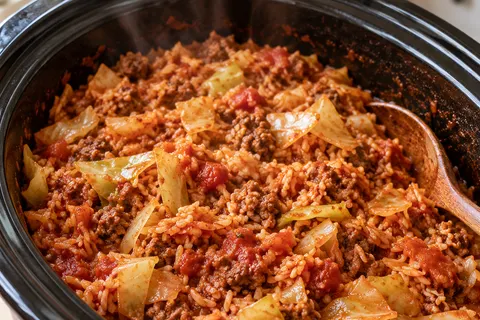 Finished cabbage roll casserole in a black slow cooker, with tender cabbage, ground beef and rice in tomato sauce
