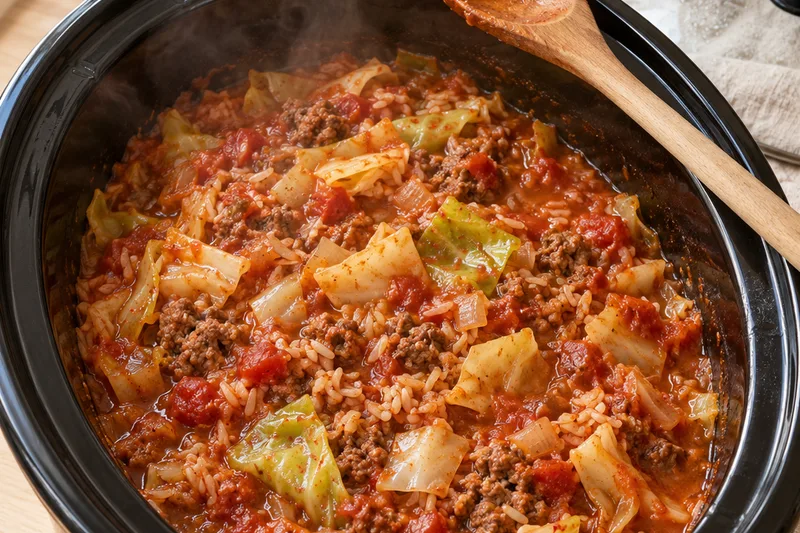 Cabbage, ground beef and rice in a saucy tomato mixture in the slow cooker just after the cooked rice is stirred in, with a wooden spoon