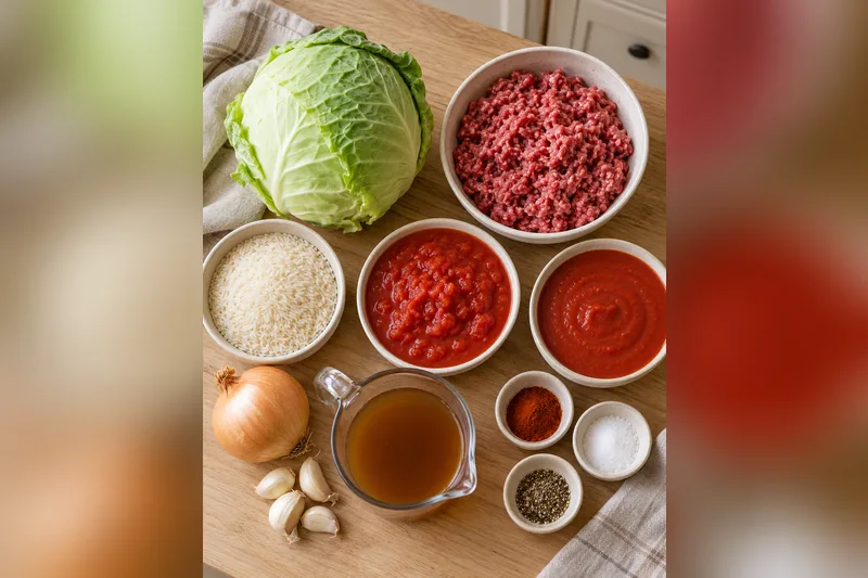 Ingredients laid out: a head of green cabbage, raw ground beef, uncooked long-grain rice, diced tomatoes, tomato sauce, beef broth, an onion, garlic cloves, paprika, salt and black pepper