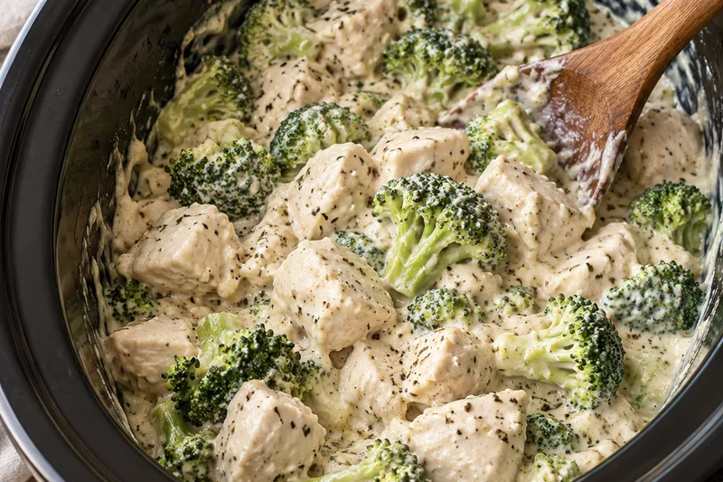 Cooked chicken pieces and tender broccoli florets being stirred into the creamy Parmesan sauce in the slow cooker with a wooden spoon