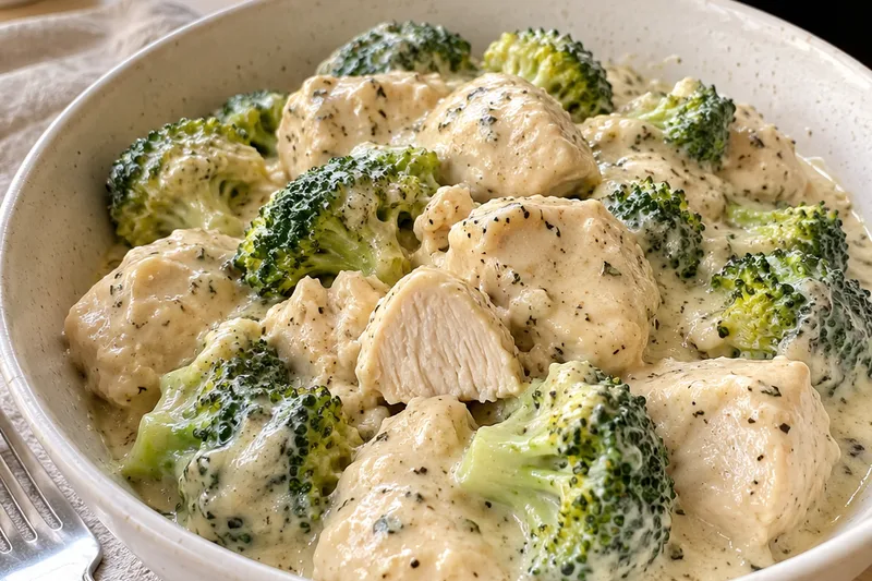A bowl of creamy chicken and broccoli in garlic-Parmesan sauce, with the slow cooker behind it