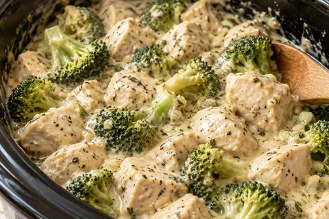 Tender chicken pieces and broccoli florets in a creamy garlic-Parmesan sauce in a black oval slow cooker with a wooden spoon