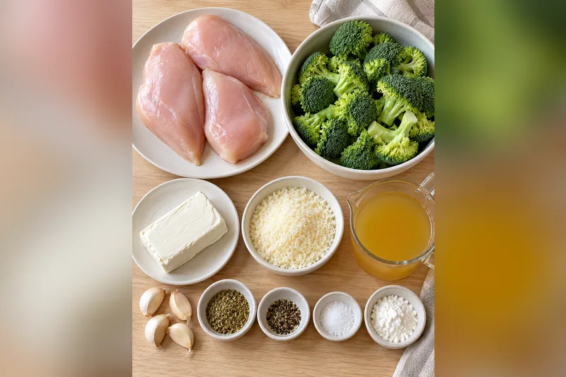 Creamy chicken and broccoli ingredients: 3 raw chicken breasts, broccoli florets, a block of cream cheese, grated Parmesan, chicken broth, garlic cloves, Italian seasoning, black pepper, salt and cornstarch