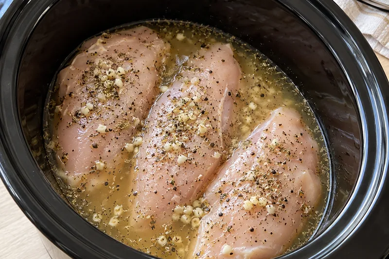 Three raw chicken breasts in a single layer in a black oval slow cooker with broth, minced garlic, Italian seasoning and black pepper