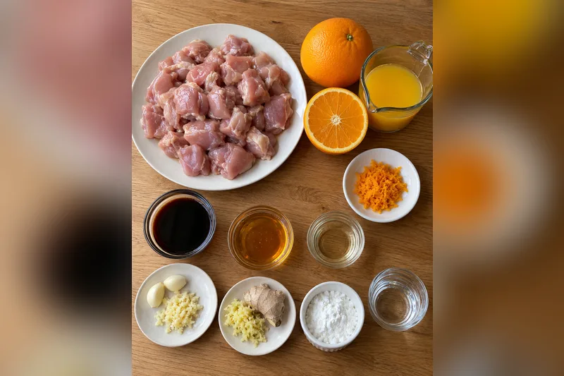Orange chicken ingredients: raw chicken thigh pieces, a whole and a halved orange, a jug of orange juice, orange zest, soy sauce, honey, rice vinegar, garlic, ginger, cornstarch and water