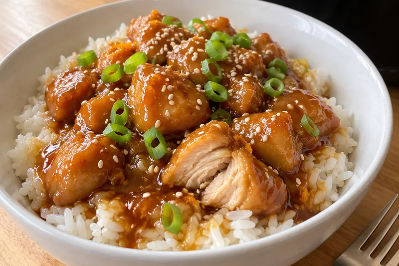 Slow cooker orange chicken served over white rice in a bowl with optional green onions and sesame seeds