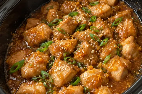 Glossy orange chicken pieces in a black slow cooker, topped with optional sliced green onions, sesame seeds and orange zest