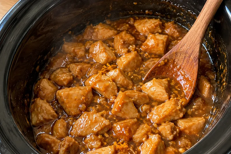 Cooked chicken pieces being stirred with a wooden spoon in the slow cooker as the orange sauce thickens