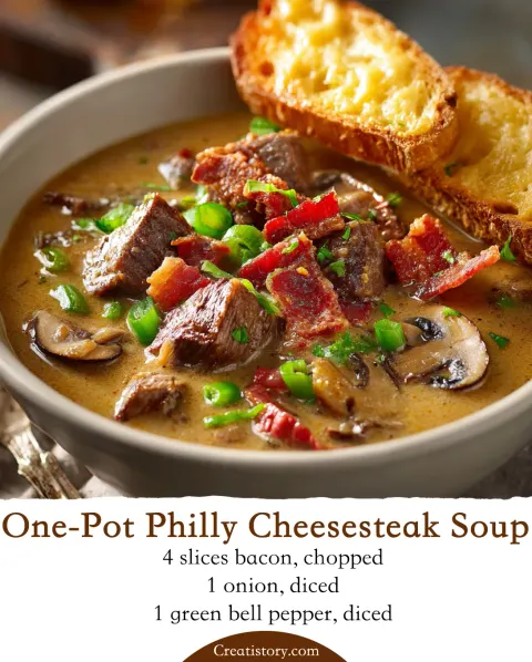 One-Pot Philly Cheesesteak Soup with Bacon and Cheesy Toast