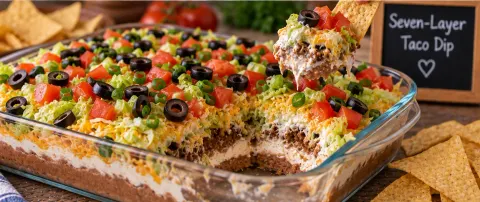 Seven-layer taco dip in a glass dish with a chip scooping up a bite showing the beef, cheese, and cream layers