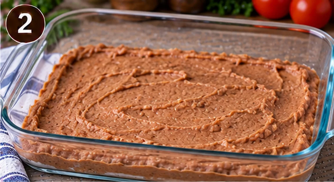 Refried beans spread evenly across the bottom of a glass baking dish