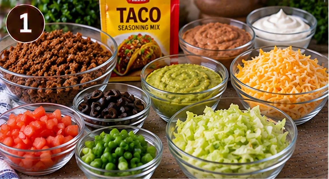 Ground beef, taco seasoning, refried beans, sour cream, cheese, and fresh toppings for seven-layer taco dip