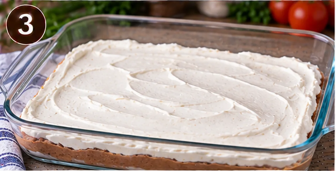 Sour cream spread evenly over the bean layer in a glass baking dish
