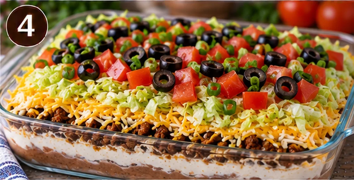 Seven-layer taco dip fully assembled with cheese, lettuce, tomatoes, olives, and green onion on top