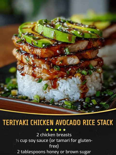 Teriyaki Chicken Avocado Rice Stack 🥑🍚🍗