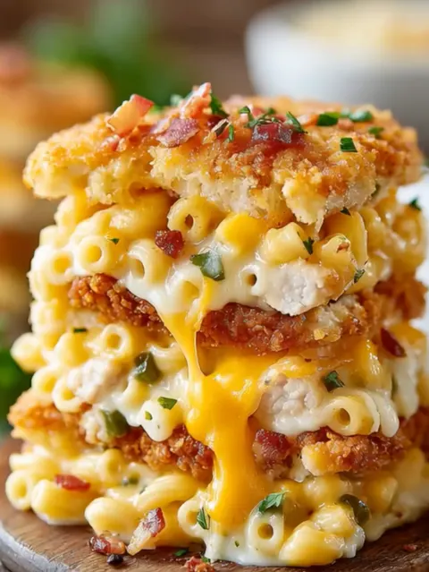 Loaded Mac and Cheese Tower (Crispy Chicken Stack) 🧀🍗🥓