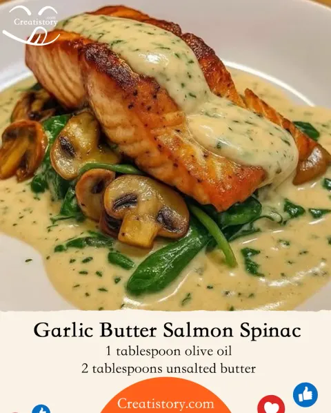 Garlic Butter Salmon with Spinach and Mushrooms – A Quick & Elegant Dinner