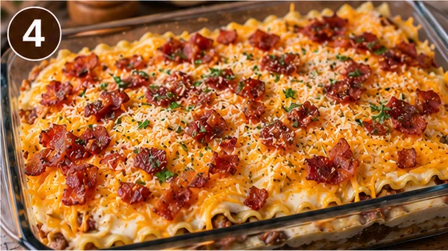 Assembled lasagna topped with shredded cheese and bacon, ready to bake