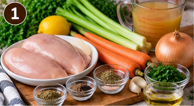Chicken breasts, carrots, celery, onion, garlic, lemon, broth, and herbs for detox chicken soup