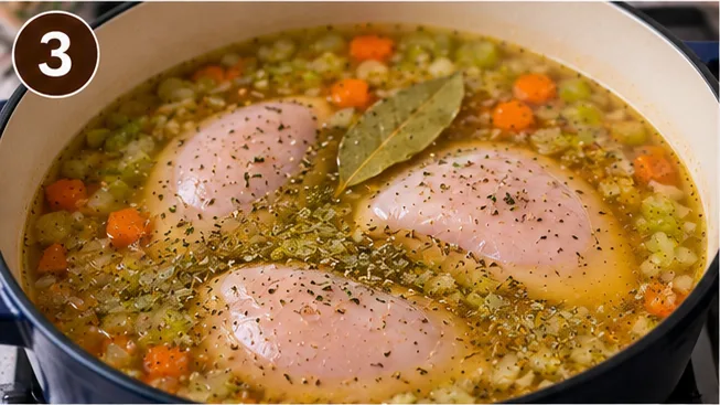 Chicken breasts poaching in broth with vegetables in a pot