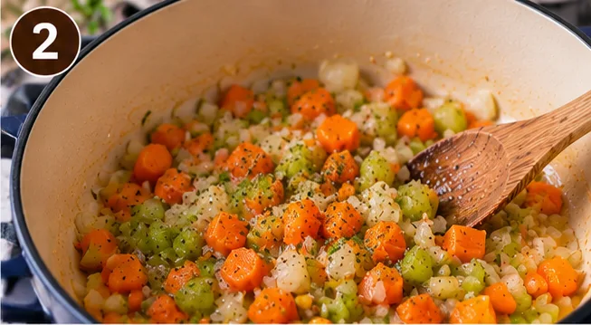 Diced onion, carrots, and celery cooking in a pot