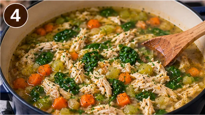Shredded chicken and kale stirred into the finished soup