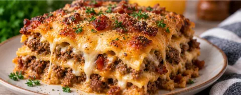 Sliced cheeseburger lasagna with melted cheese and bacon on a plate