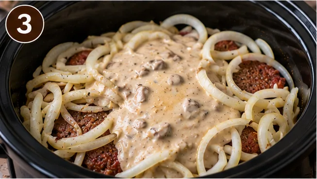 Seared cube steak over sliced onions and mushrooms in the slow cooker before adding the sauce