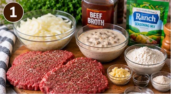 Cube steak, sliced onion, beef broth, ranch seasoning, and cream of mushroom soup for slow cooker cube steak