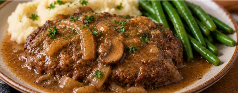 Slow cooker cube steak with mushroom gravy, plated with mashed potatoes and green beans