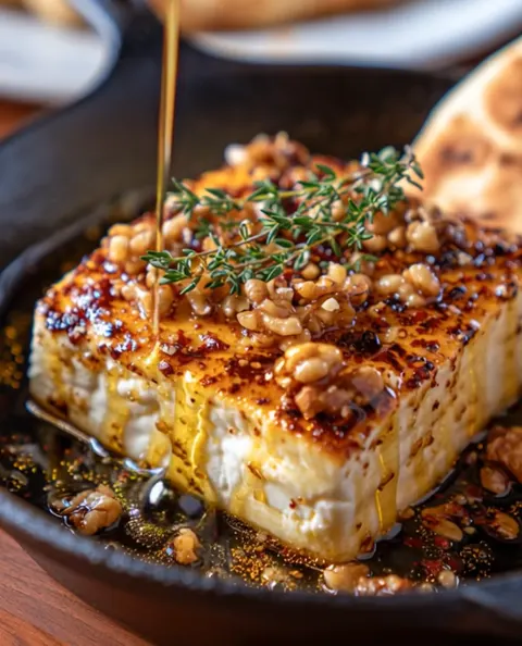 Sizzling Feta Block with Hot Honey & Toasted Walnuts