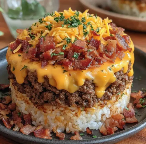 Bacon Cheeseburger Rice Stack