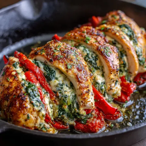 Roasted Red Pepper, Spinach, and Mozzarella Stuffed Chicken 😋
