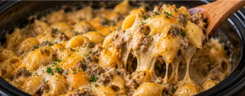 Cheesy ranch beef pasta shells being scooped from a slow cooker with a wooden spoon