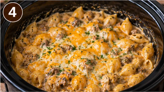 Finished cheesy ranch beef pasta shells in the slow cooker with melted cheddar