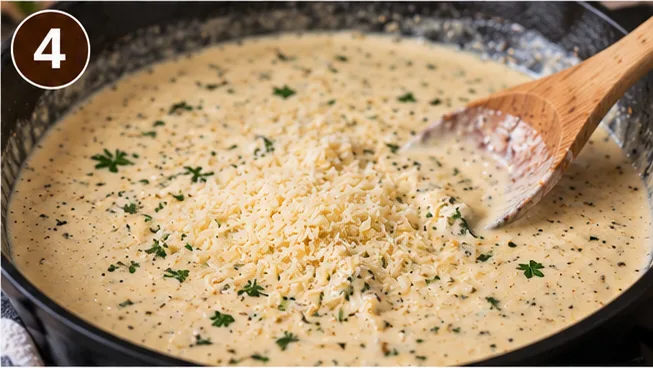 Creamy garlic Parmesan sauce being stirred in the skillet