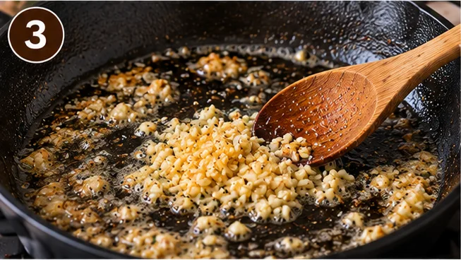 Minced garlic sautéing in butter in the skillet