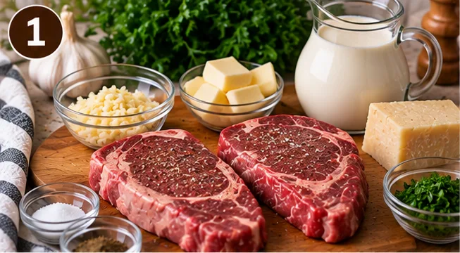 Steaks, garlic, butter, heavy cream, and Parmesan for juicy steak with creamy garlic sauce