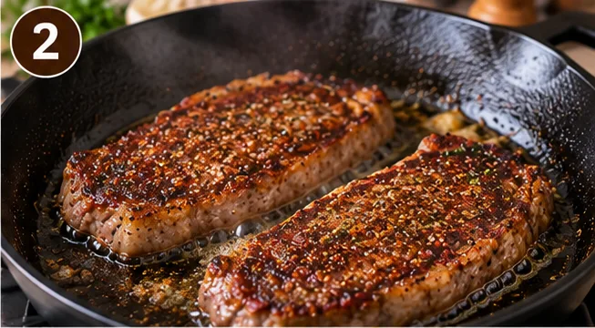 Steaks searing in a hot skillet