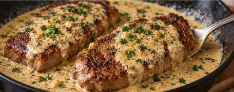 Seared steaks topped with creamy garlic Parmesan sauce in a skillet