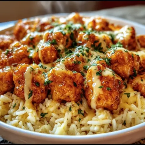 Honey Garlic Chicken Bites Over Creamy Rice