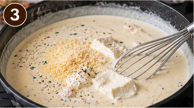 Homemade Alfredo sauce with cream cheese and Parmesan being whisked in a skillet