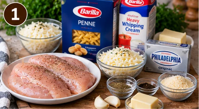 Chicken breast, penne pasta, heavy cream, cream cheese, and Parmesan for cheesy chicken Alfredo bake