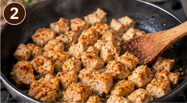 Diced chicken searing in a skillet