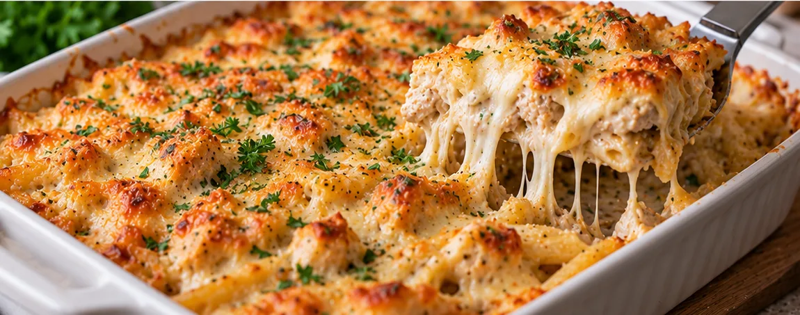 Cheesy chicken Alfredo bake in a baking dish with a golden, bubbly top