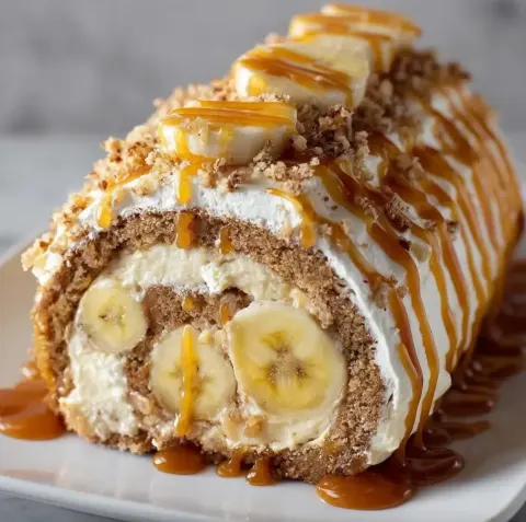 Easy Heavenly Caramel Banana Roll Cake
