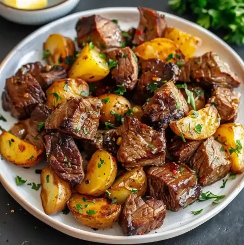 Air Fryer Garlic Butter Steak Bites and Potatoes