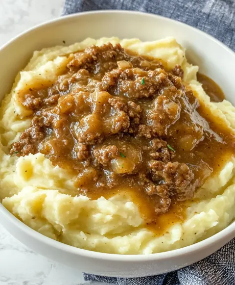 Ground Beef and Gravy Over Mashed Potatoes