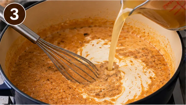 Broth being whisked into the bisque base