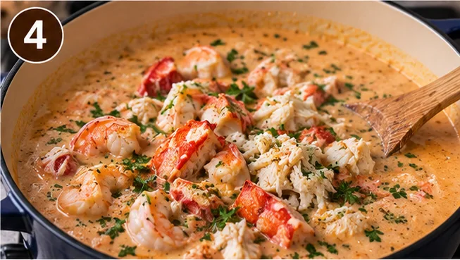 Shrimp, crab, and lobster added to the creamy bisque base
